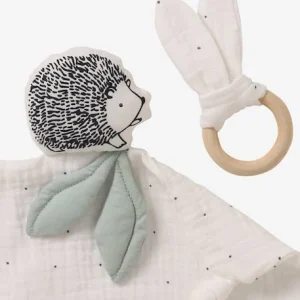 Doudou Carré En Coton Bio* Et Polyester + Hochet Rond LOVELY NATURE Blanc Moyen Uni Avec Decor – Vertbaudet 9